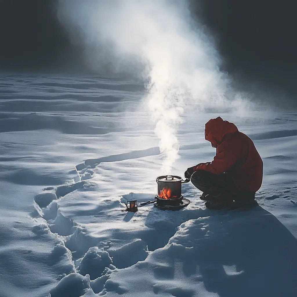 A camper cooking a warm meal on a portable stove in the snow, with steam rising from the pot and footprints in the icy terrain. Winter Camping
