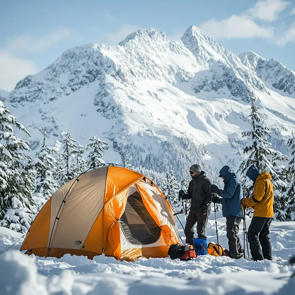 A group of winter campers in insulated jackets and boots setting up a four-season tent in deep snow with snow-capped mountains in the background. Winter Camping