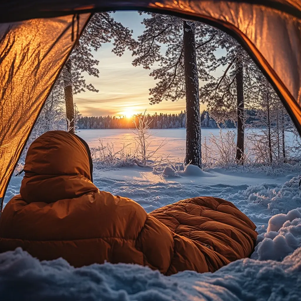 A solo camper in a thermal sleeping bag inside a tent, watching a winter sunrise over a frozen lake with frost-covered trees around. Winter Camping
