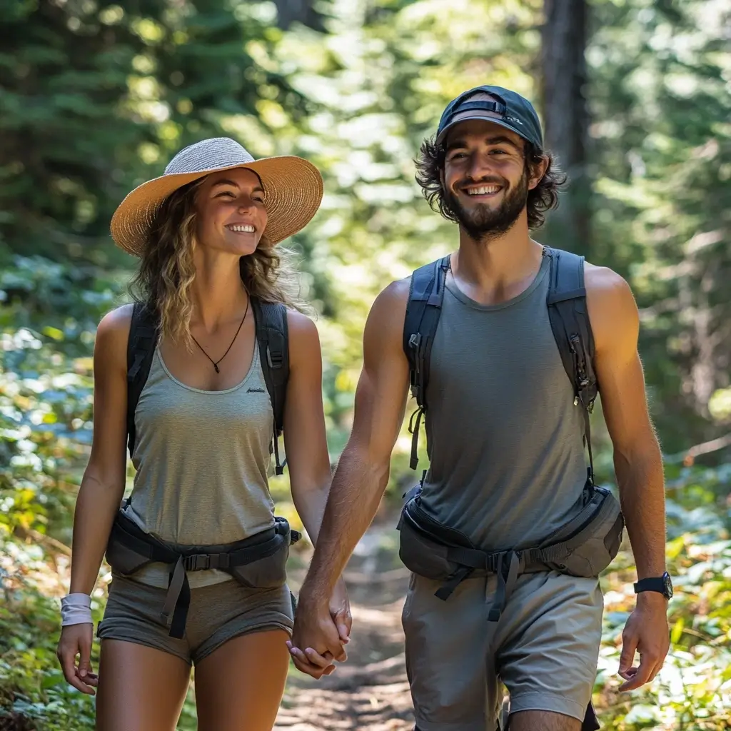 Couple in matching hiking outfits walking hand-in-hand on a sunny trail.
