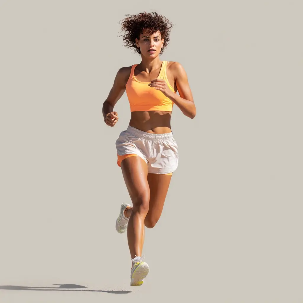 Woman running in summer gear with shorts and tank top under bright sunlight. running outfits for women