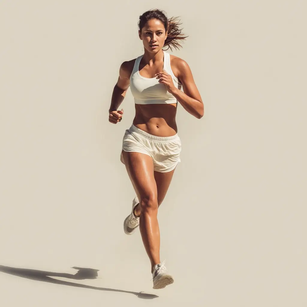 Woman running in summer gear with shorts and tank top under bright sunlight. running outfits for women