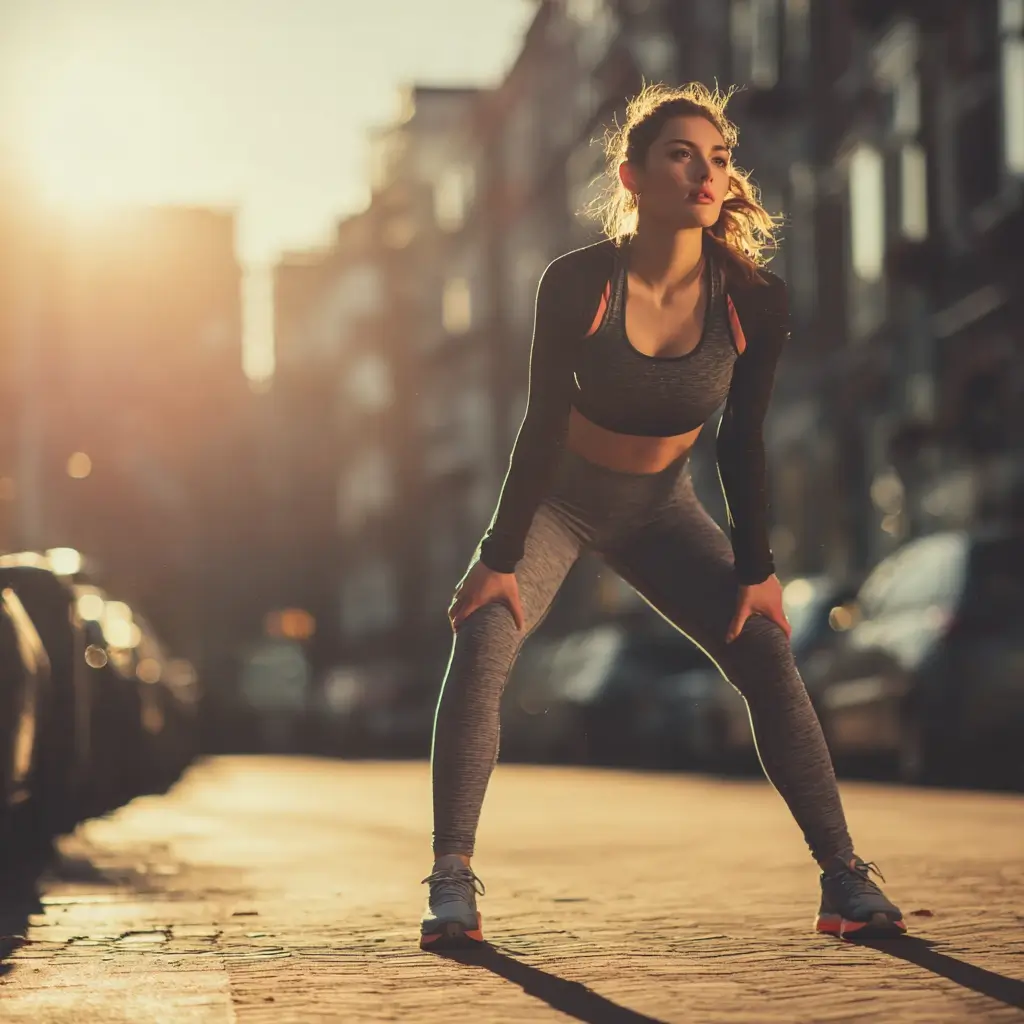 Female runner stretching on city street in a sleek, performance-focused running outfit. running outfits for women