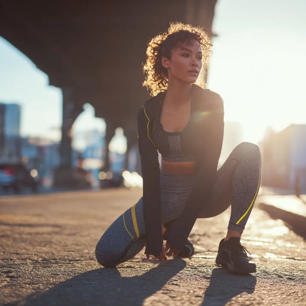 Female runner stretching on city street in a sleek, performance-focused running outfit. running outfits for women