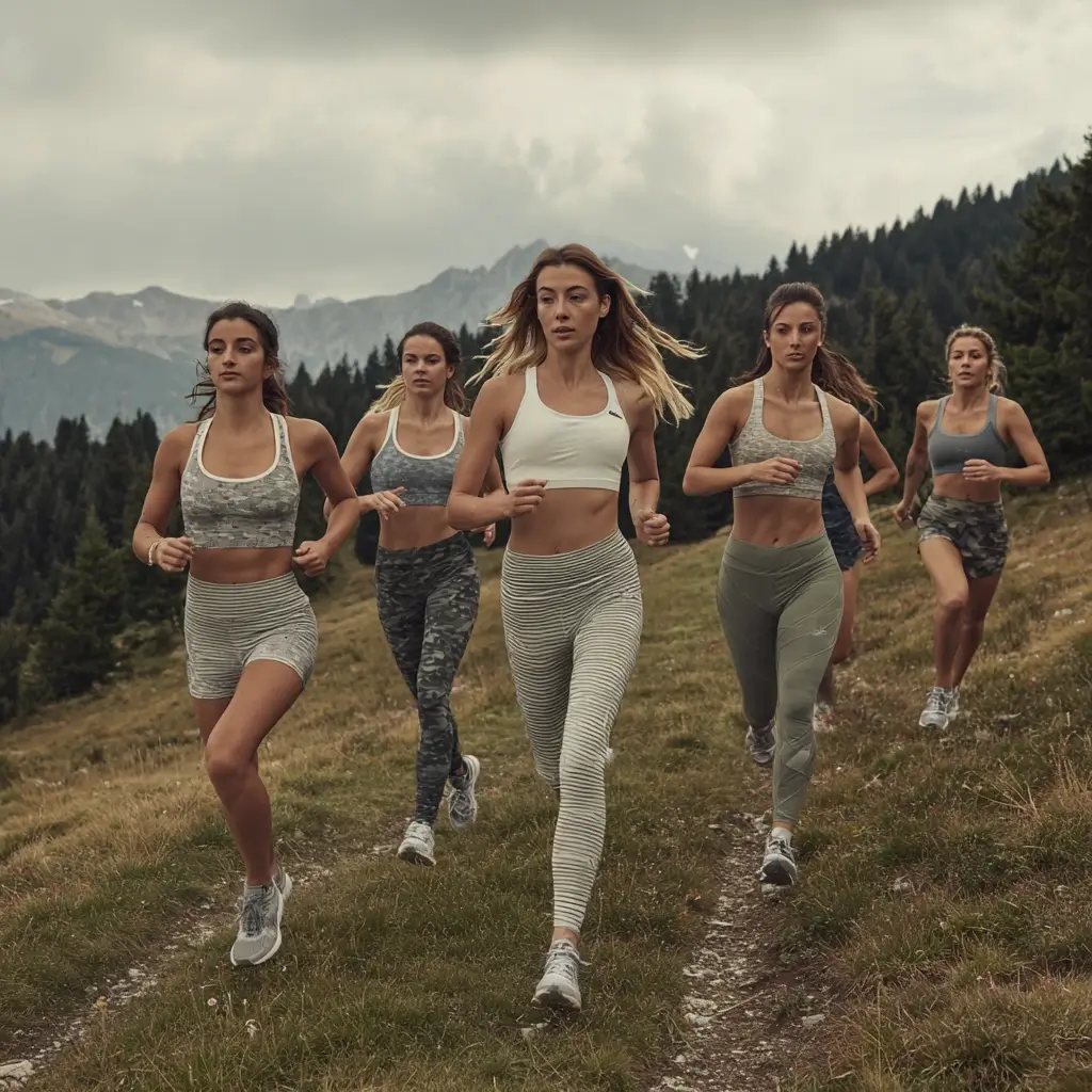 Women trail running together in coordinated running outfits in the mountains. running outfits for women
