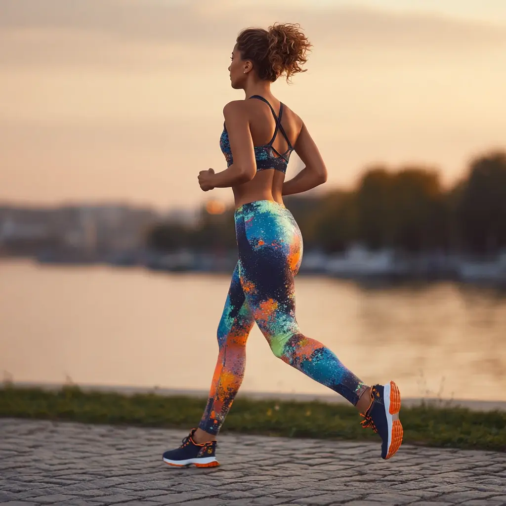 Stylish woman jogging in a city park at sunrise, wearing colorful and breathable running outfit. running outfits for women