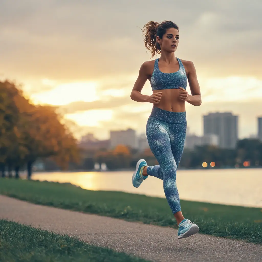 Stylish woman jogging in a city park at sunrise, wearing colorful and breathable running outfit. running outfits for women