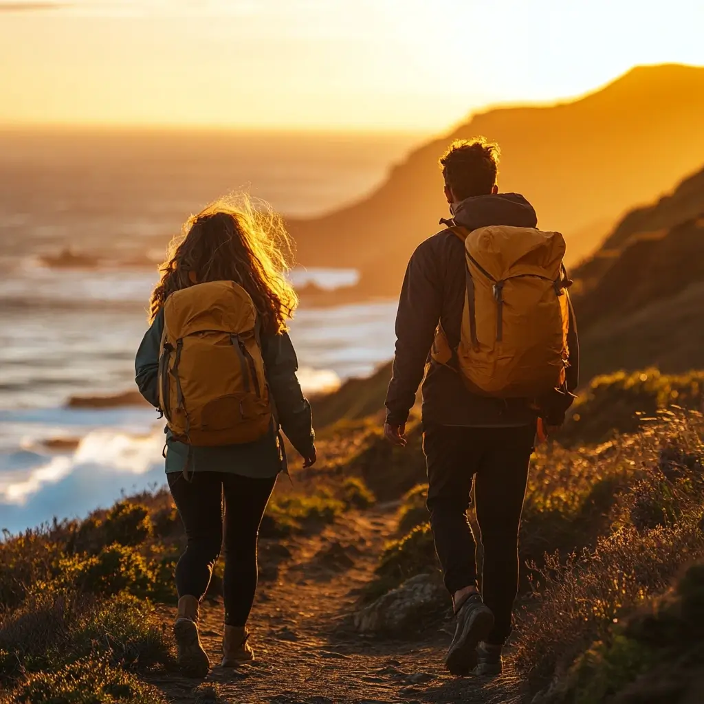 A couple wearing matching hiking outfits while walking a coastal trail during a stunning sunset. hiking outfit