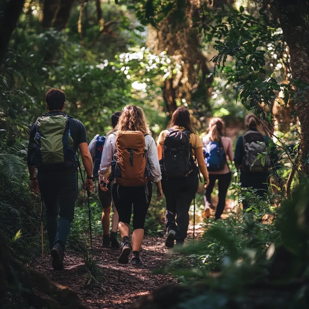 A group of hikers in colorful hiking outfits walking together through a green forest trail. hiking outfit