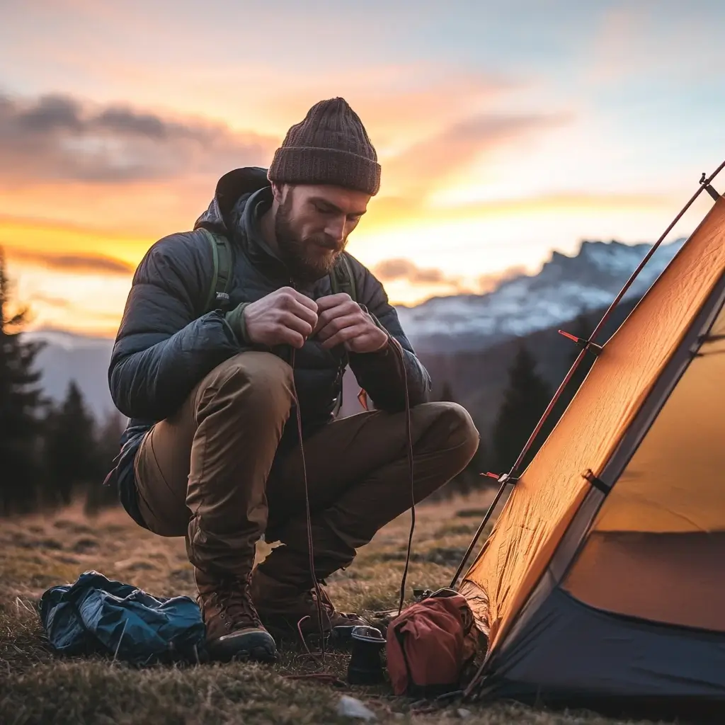 A man in a layered hiking outfit tying his boots beside a tent at sunrise in the mountains. hiking outfit