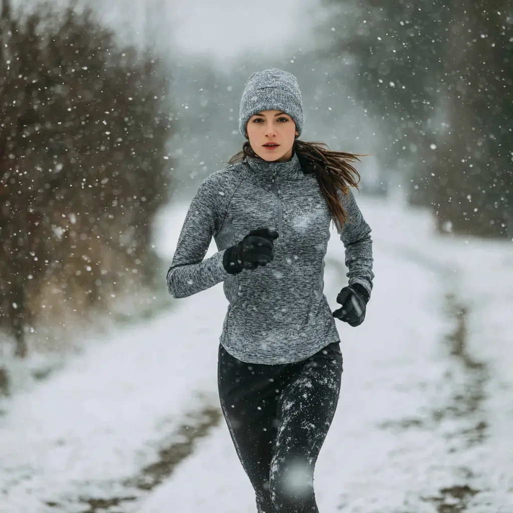 Woman running on snowy trail in warm winter running outfit with gloves and beanie. running outfits for women
