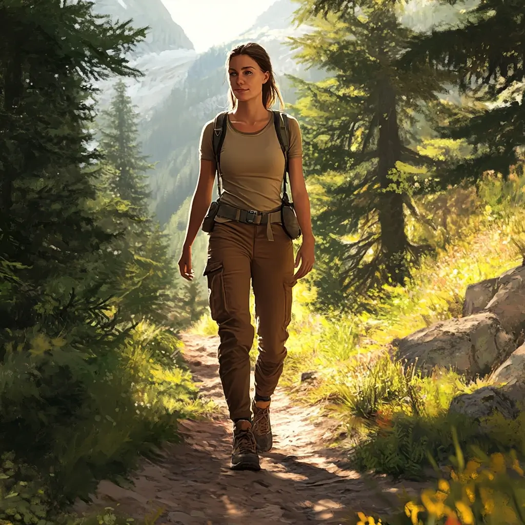 A woman hiking a mountain trail wearing a stylish, functional hiking outfit with a performance top and durable pants. hiking outfit