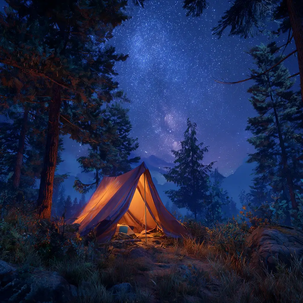 A glowing camping tent under a starry night sky, nestled in a quiet pine forest. camping tent