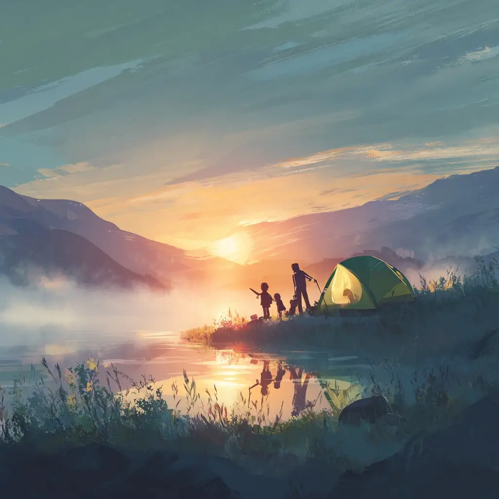 A family pitching their camping tent by a serene lake at sunrise. camping tent