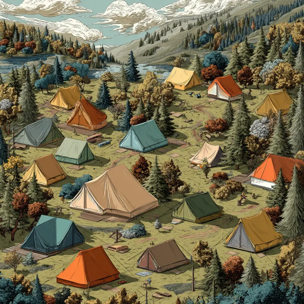 An overhead look at different types of camping tents set up in a national park. camping tent