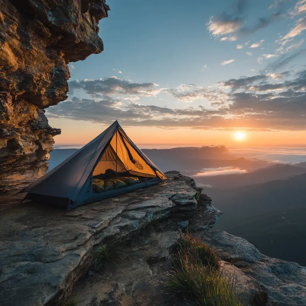 An ultralight camping tent perched on a mountain edge with a sunrise view. camping tent
