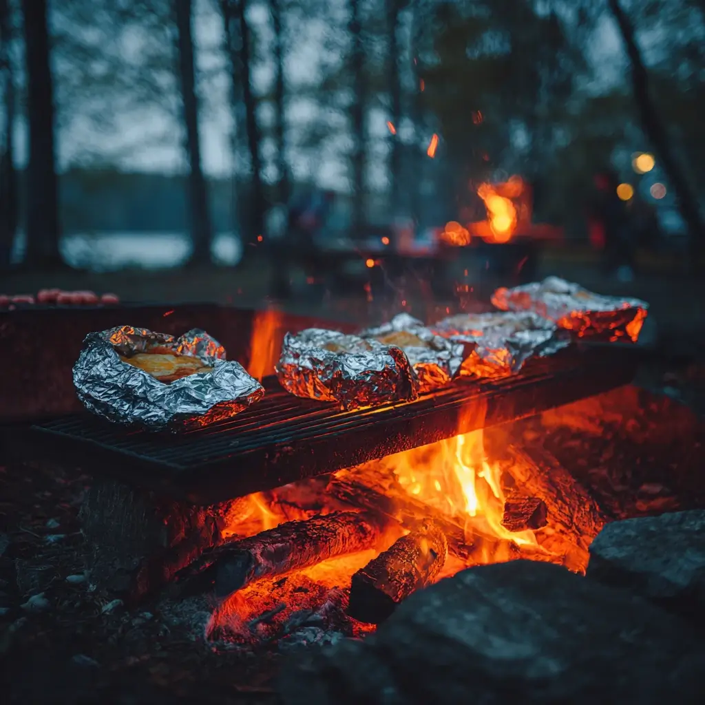Foil-wrapped camping meals cook on a glowing campfire under the night sky with sausages and marshmallows nearby. camping dinner ideas