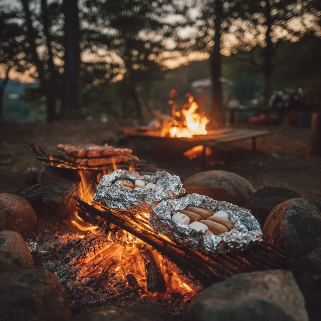 Foil-wrapped camping meals cook on a glowing campfire under the night sky with sausages and marshmallows nearby. camping dinner ideas
