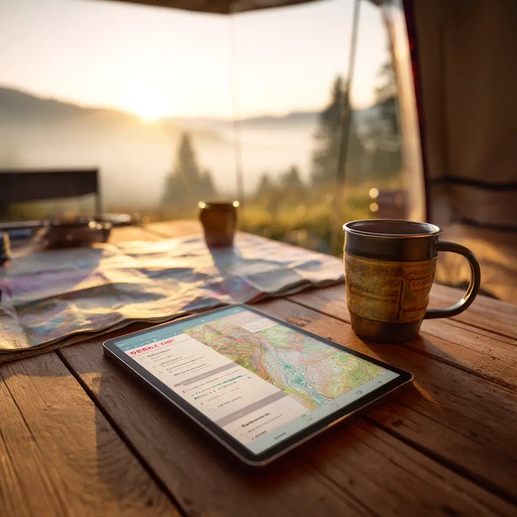Tablet showing a digital camping packing list on a sunrise-lit camp table with coffee and map. camping packing list