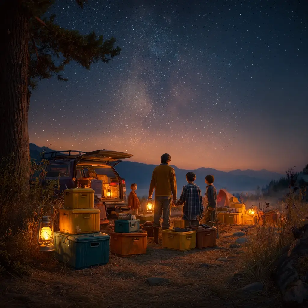 Family unpacking their organized camping packing list at sunset in a scenic campsite. camping packing list