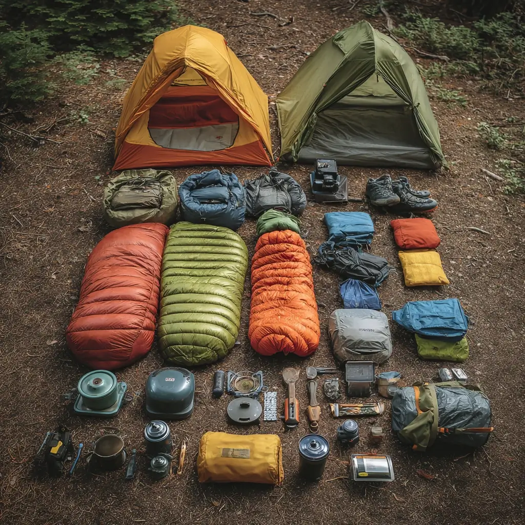 Overhead flat lay of a complete camping packing list spread out on forest ground. camping packing list