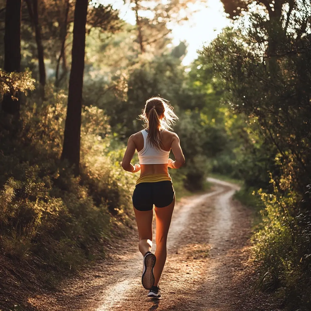 A female runner in a colorful running outfit jogging through a forest trail on a bright summer morning. running outfit