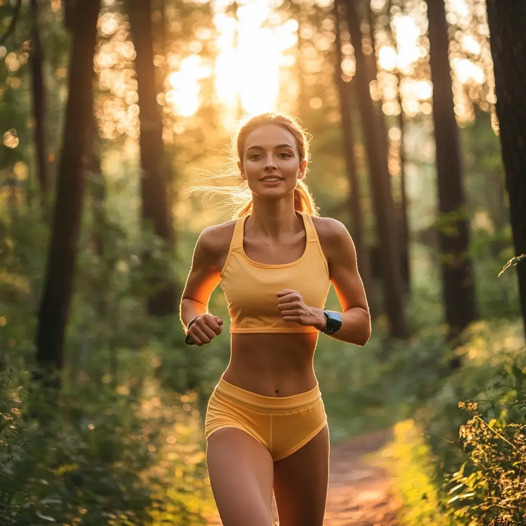 A female runner in a colorful running outfit jogging through a forest trail on a bright summer morning. running outfit