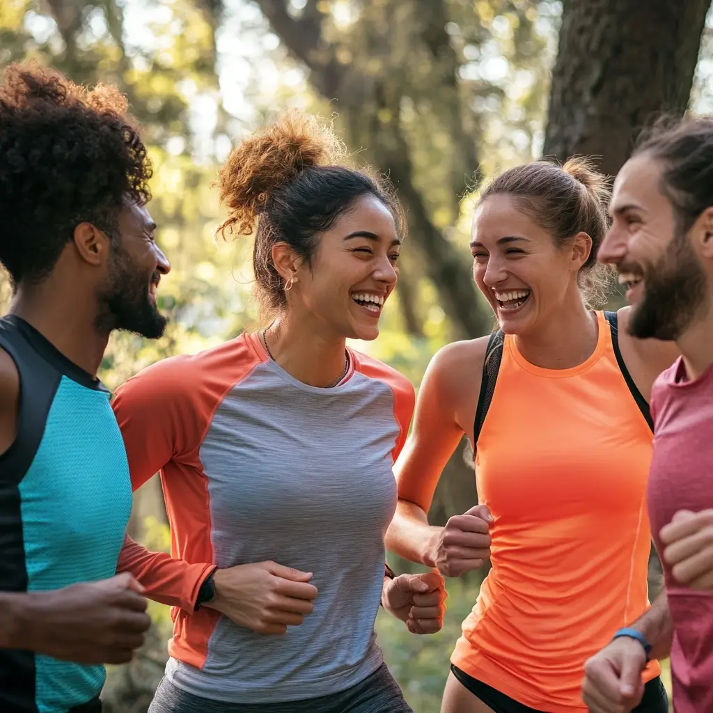 A group of runners in colorful outfits enjoying a post-run moment together in a sunny park. running outfit