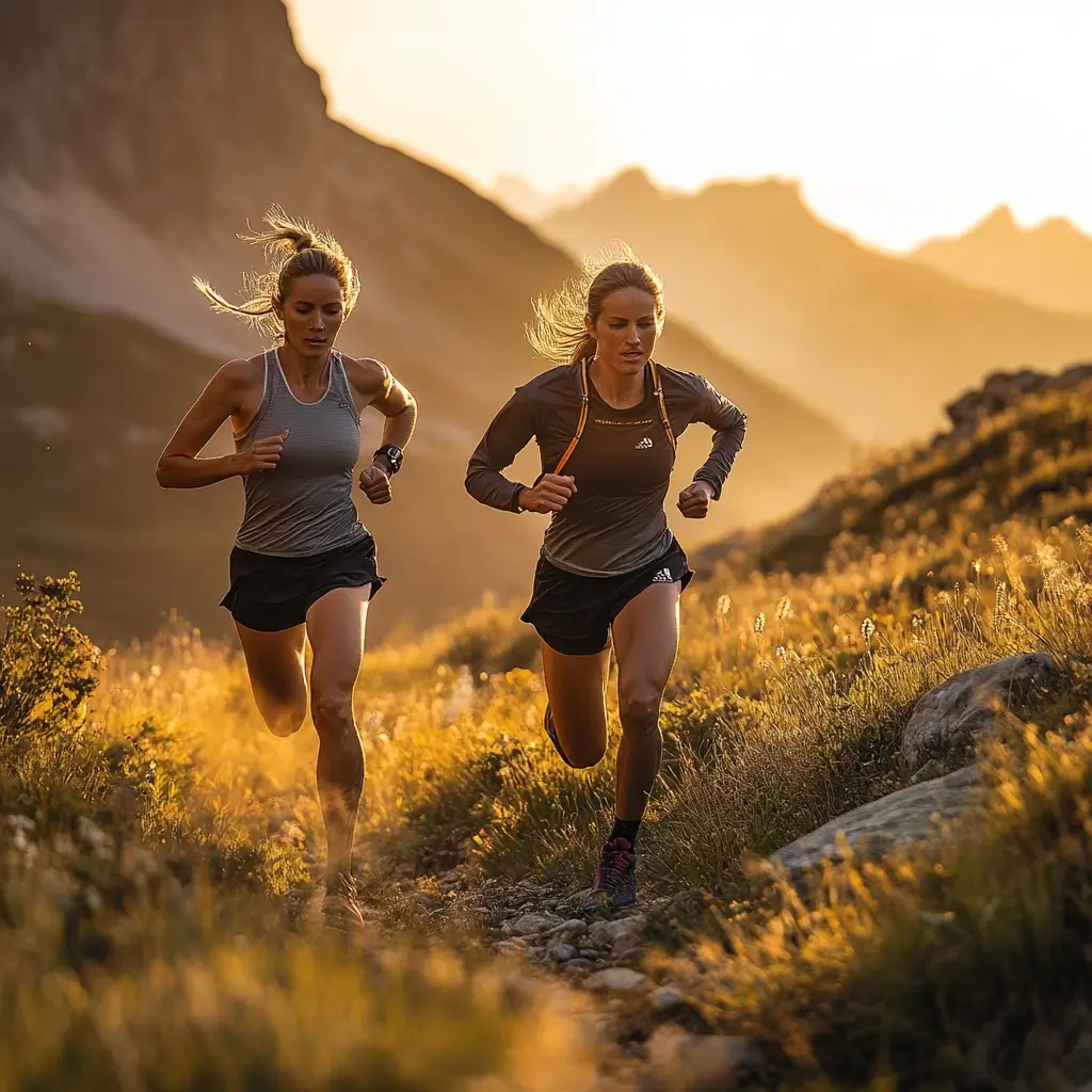 Two runners in coordinated running outfits trail running in the mountains during golden hour. running outfit