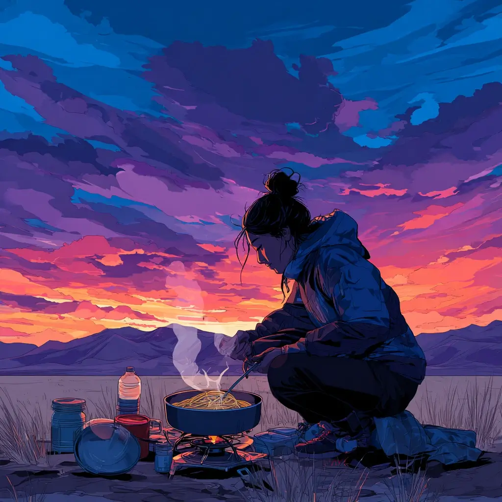 Colorful camping dinner setup with grilled veggies, skewers, and a camp stove on a rustic picnic table. camping dinner ideas