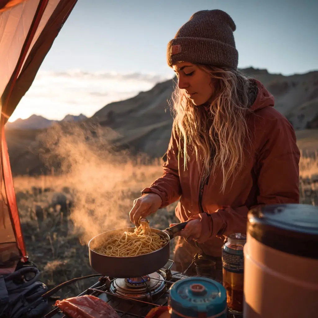 Colorful camping dinner setup with grilled veggies, skewers, and a camp stove on a rustic picnic table. camping dinner ideas