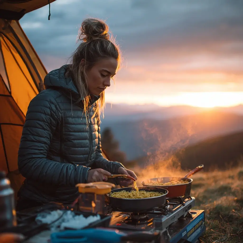 Colorful camping dinner setup with grilled veggies, skewers, and a camp stove on a rustic picnic table. camping dinner ideas