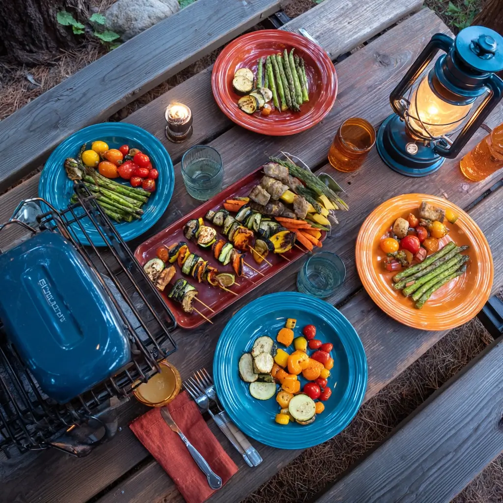 Colorful camping dinner setup with grilled veggies, skewers, and a camp stove on a rustic picnic table. camping dinner ideas