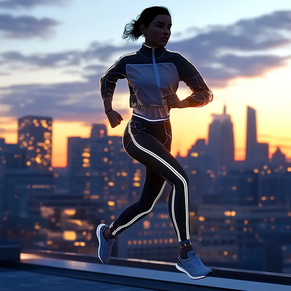 Urban runner in a sleek, reflective running outfit jogging at sunrise with a city skyline in the background. running outfit