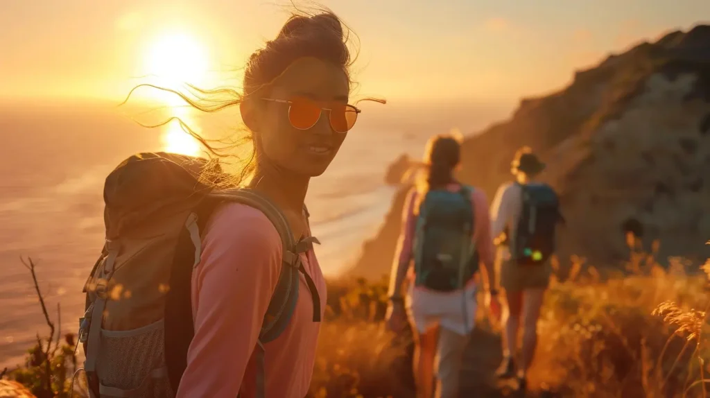 Woman in a cute hiking outfit summer UPF top and shorts hiking a coastal trail at sunset. cute hiking outfit summer