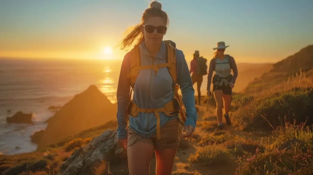 Woman in a cute hiking outfit summer UPF top and shorts hiking a coastal trail at sunset. cute hiking outfit summer