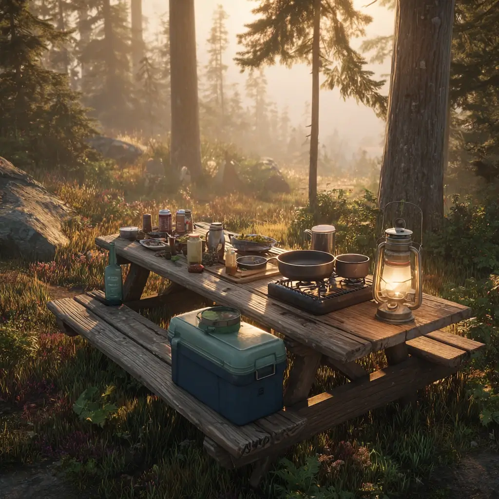 Camp kitchen setup showing camping essentials like stove, cookware, cooler, and lantern at sunset. camping essentials