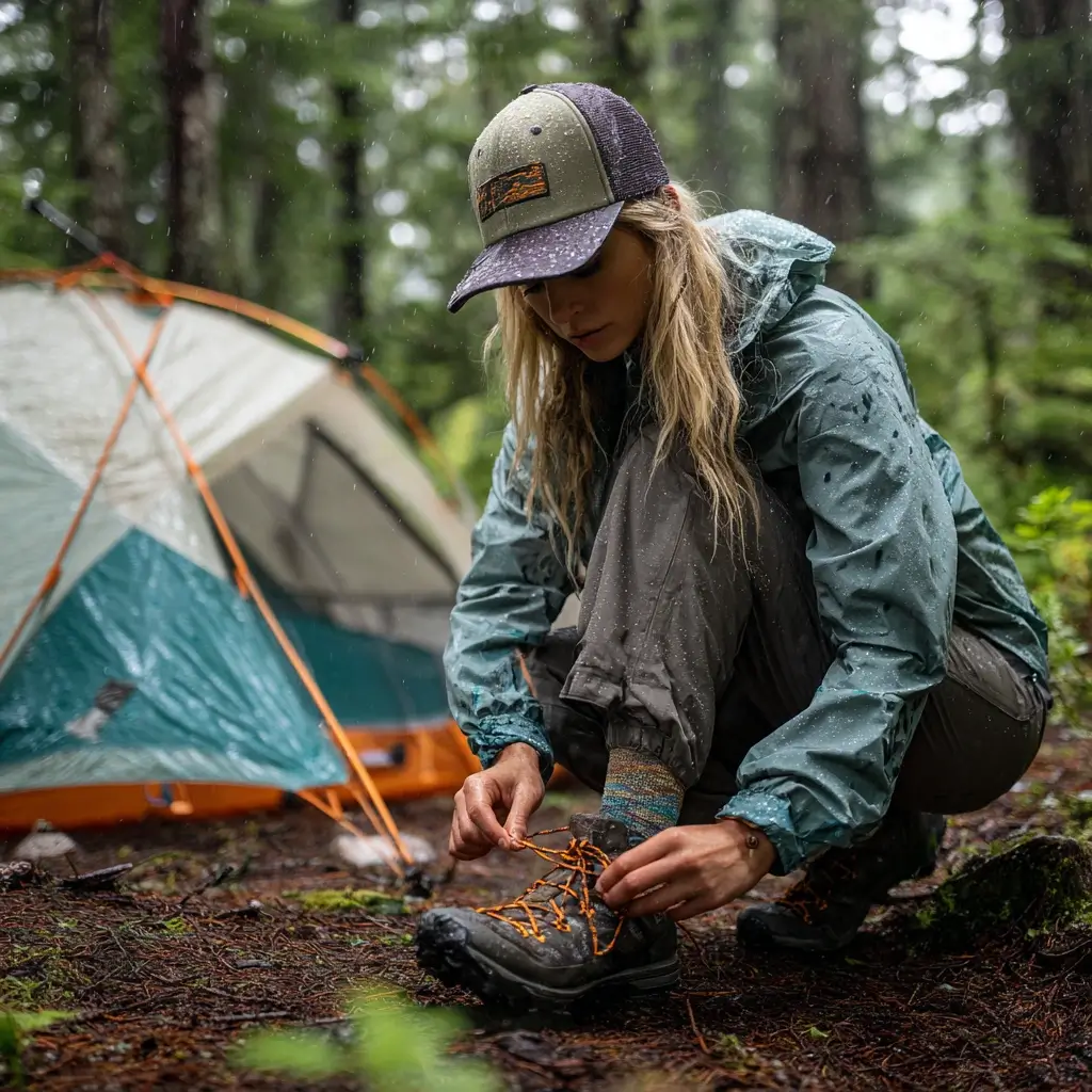 Camper in camping outfits for women—rain shell and quick-dry pants—tightening tent lines in a light drizzle.