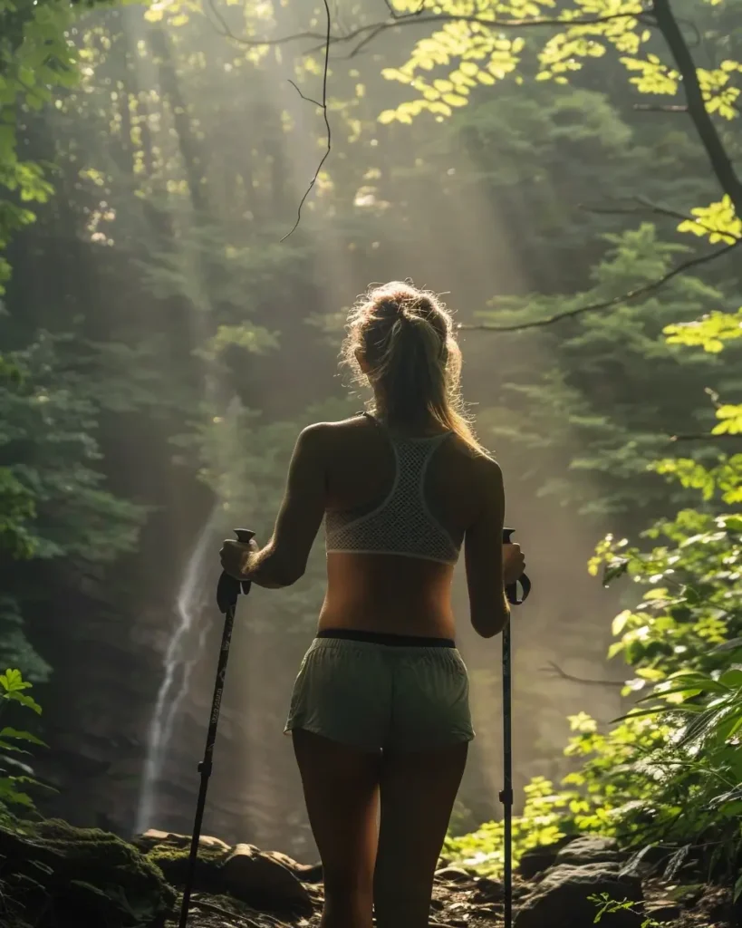 Woman in a cute hiking outfit summer crop top and trail shorts at a misty forest waterfall overlook. cute hiking outfit summer