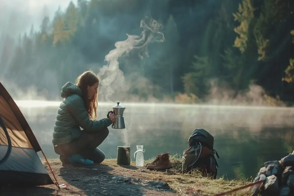 Woman in cozy camping outfits for women—fleece and joggers—making coffee beside a lakeside tent.