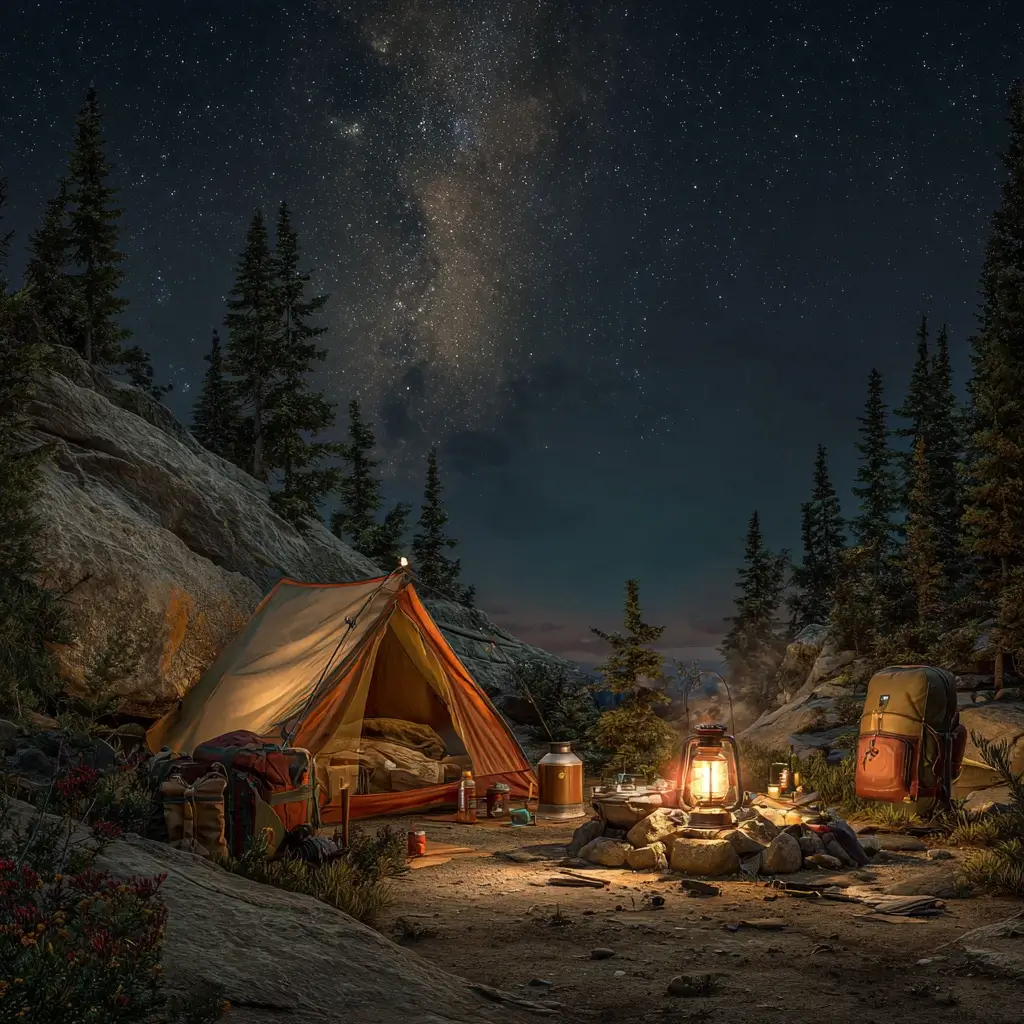 Night scene highlighting camping essentials for safety—headlamps, lantern, first-aid kit, and bear canister. camping essentials