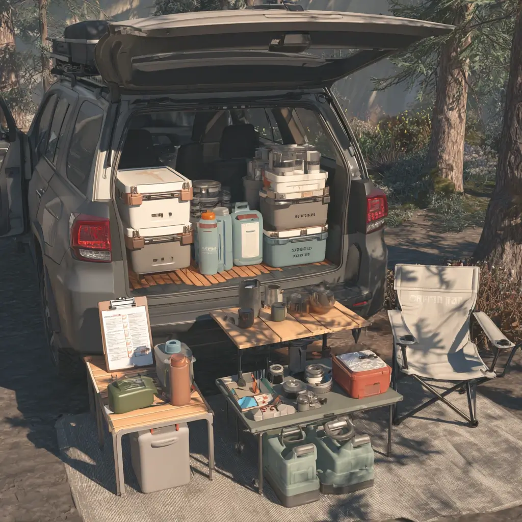 Organized tailgate with labeled bins and checklist featuring camping essentials for an easy pack-out. camping essentials