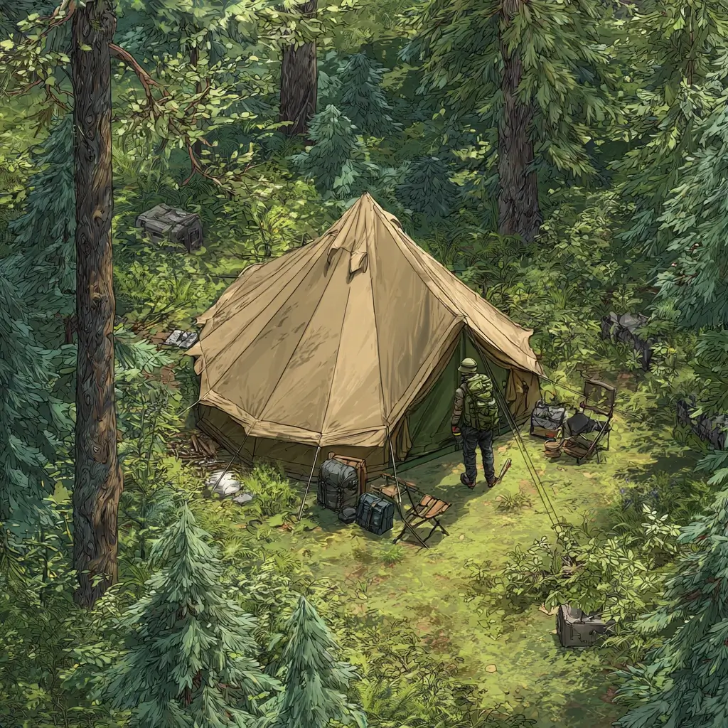 Camp kitchen setup showing camping essentials like stove, cookware, cooler, and lantern at sunset. camping essentials