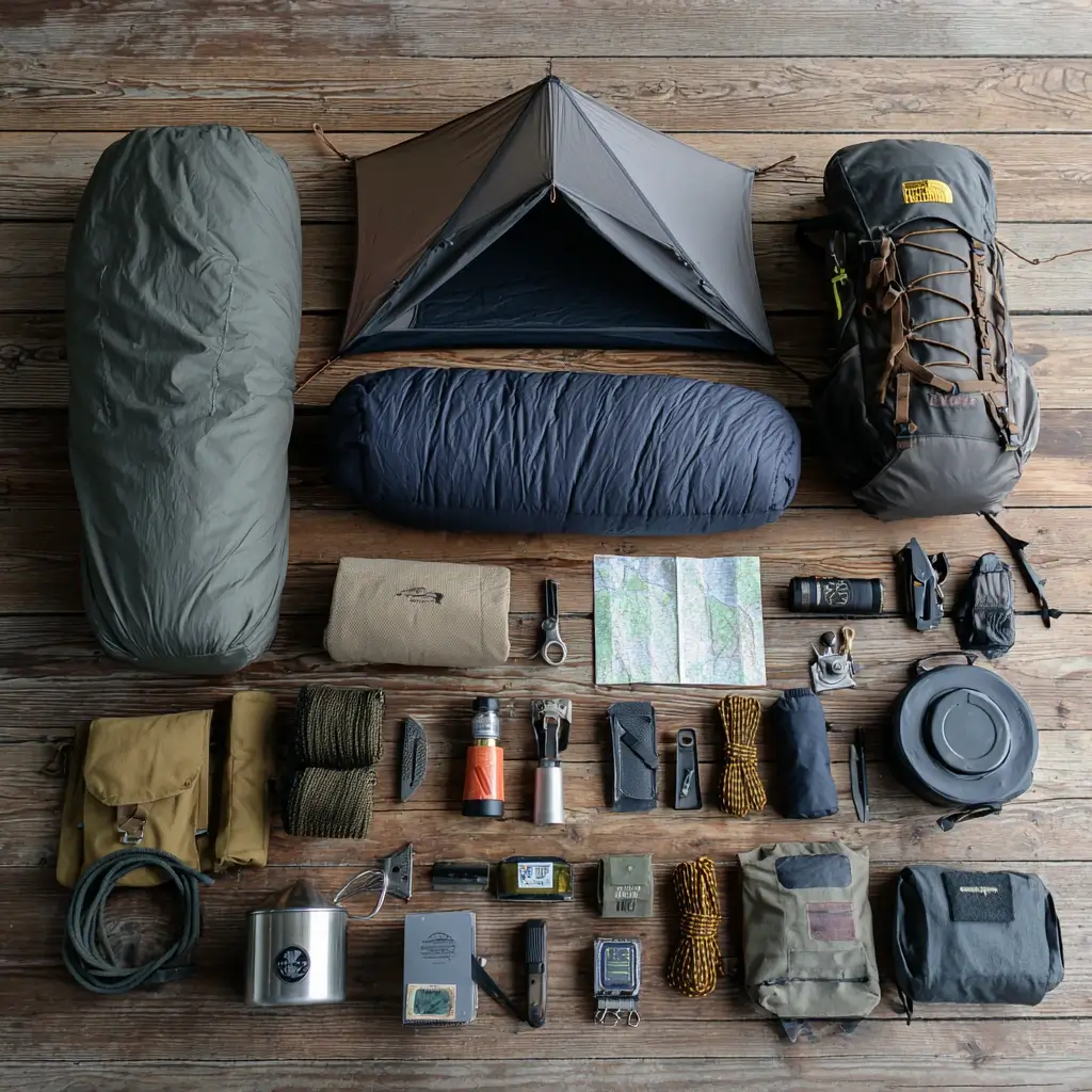 Flat lay of camping essentials including shelter, sleep system, stove, water filter, and navigation tools. camping essentials