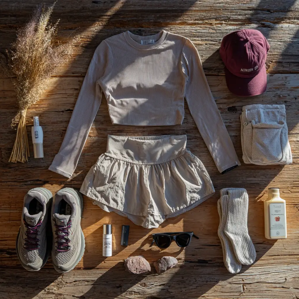 Flat lay of a cute hiking outfit summer with skort, UPF top, socks, trail shoes, hat, sunglasses, and essentials. cute hiking outfit summer