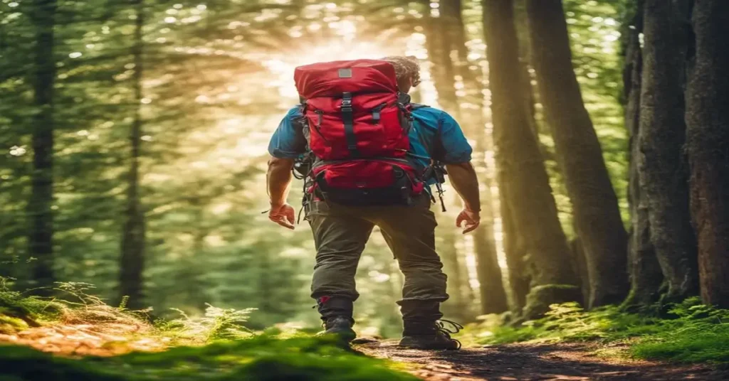 Hiker in the forest with a red backpack
