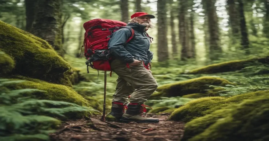 a hiker wearing hiking boots with red laces standing in a forest 

