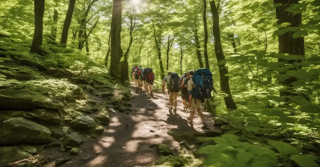 Hikers walking the trail between big trees