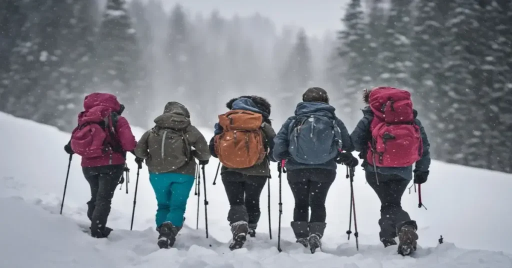 five woman hiking in a forest with a lot of snow