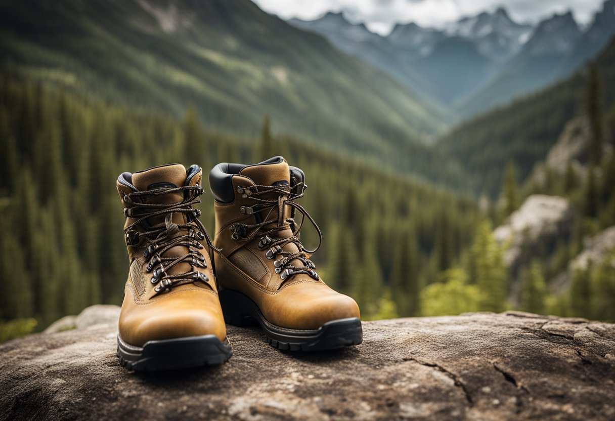hiking boots on a stone. Background is full of trees and huge mountains